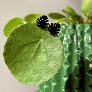 Monstera Deliciosa Leaf black stud earings